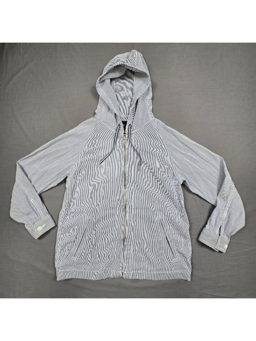 Gap M Womens Hooded Full Zip Jacket Blue Pinstripe Lightweight